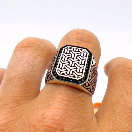 Men's Square Model with Micro Black Onyx Silver Ring - TryAladdin