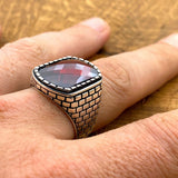 Men's Square Red Zircon Stone Silver Ring - TryAladdin