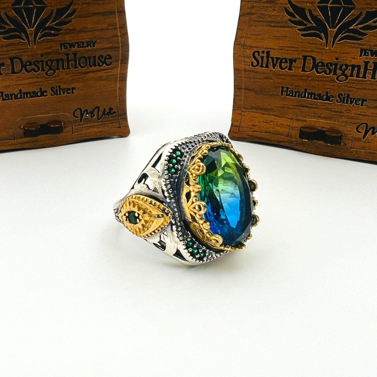 Men's Tourmaline Green / Blue Stone Silver Ring - TryAladdin