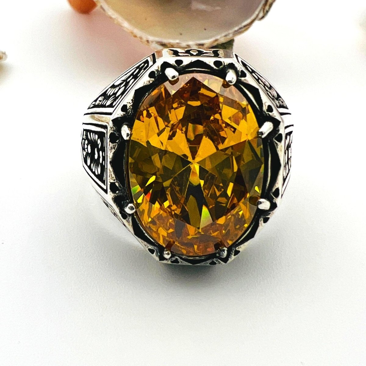 Men's Yellow Citrine Stone Silver Ring - TryAladdin