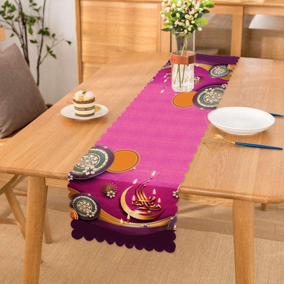 Mubarak Ramadan Kareem Digital Printed Modern Runner and Cushion Pillow Cover Set - TryAladdin