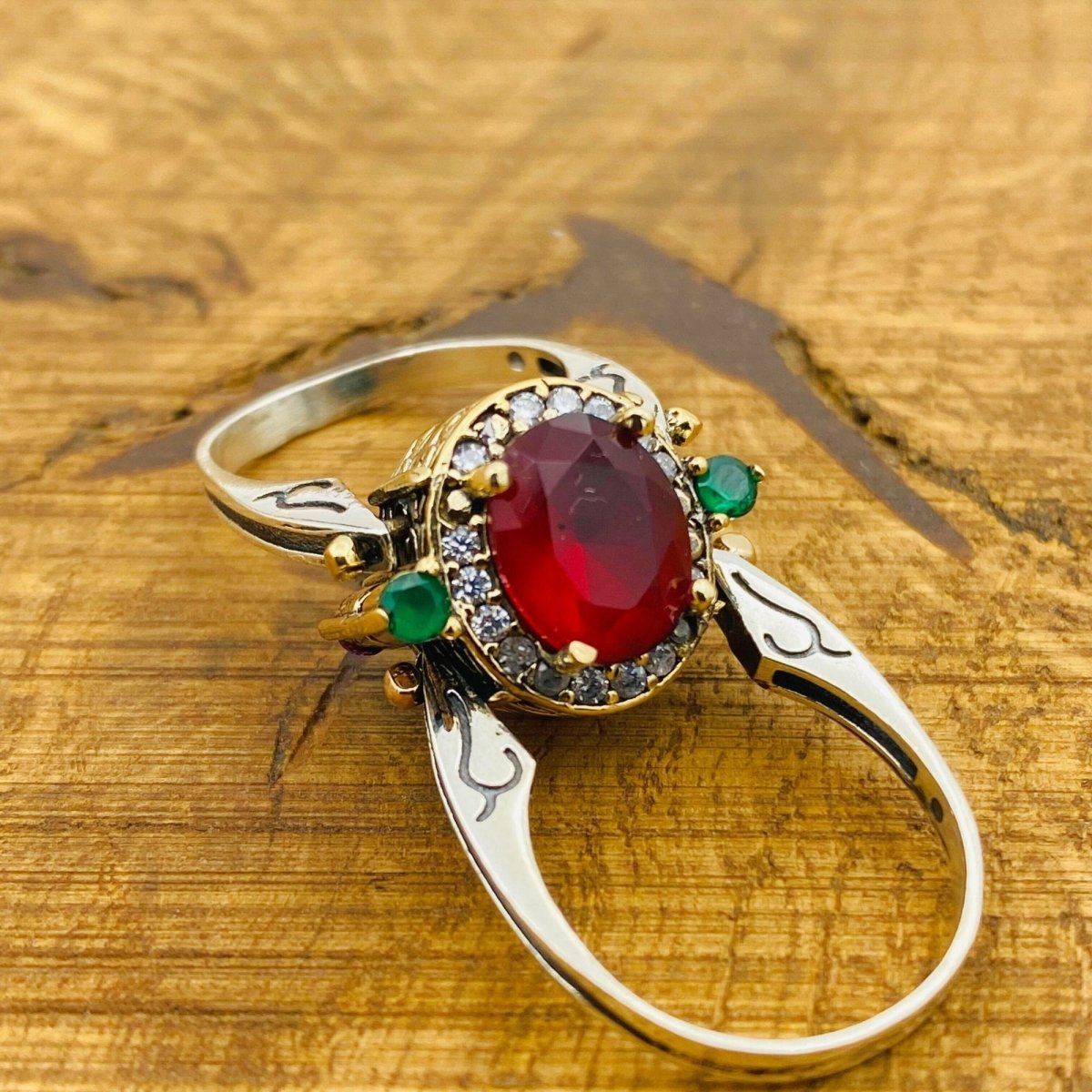 Multi Stone Ring, Emerald & Ruby Oval - TryAladdin