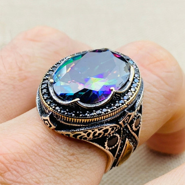 Mystic Topaz Stone Men's Silver Ring - TryAladdin