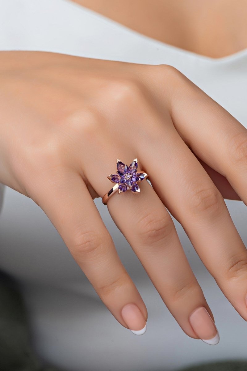 Nereze | Purple Stone Lotus Flower Adjustable Size Ring - TryAladdin