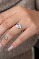 Nereze | Rhodium Plated Women's Silver Ring with Pink Stone Heart - TryAladdin