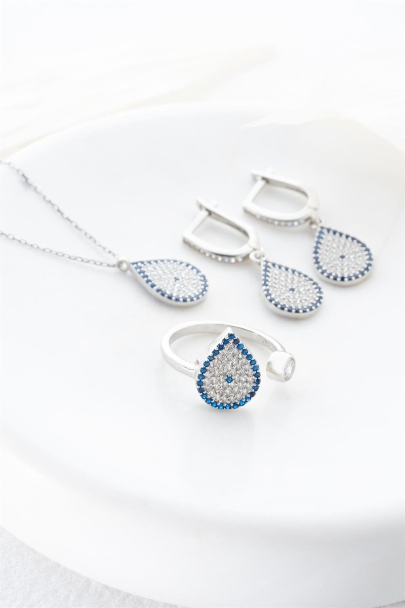 Nereze | Drop Nazar Evil Eye Model Earrings, Ring and Necklace Set - TryAladdin