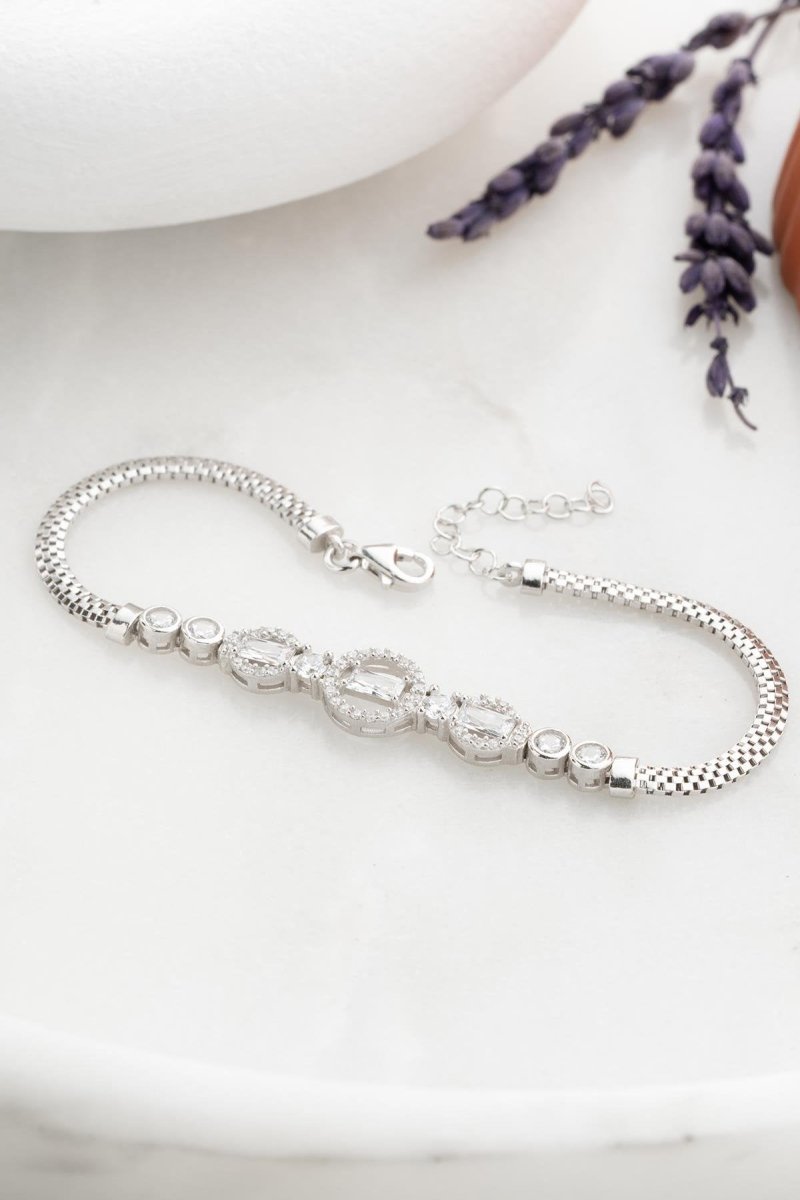 Nereze | Rhodium Plated Herringbone Chain Bracelet with Inline Baguette Stones - TryAladdin