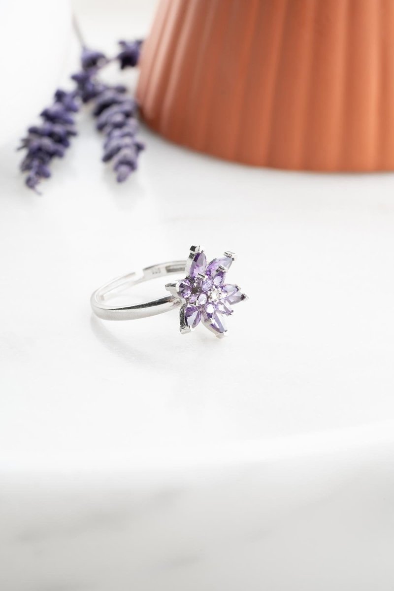 Nereze | Rhodium Purple Stone Lotus Flower Adjustable Size Ring - TryAladdin