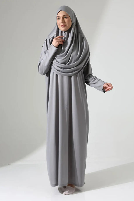 One Piece Prayer Dress with Headscarf - Gray - TryAladdin