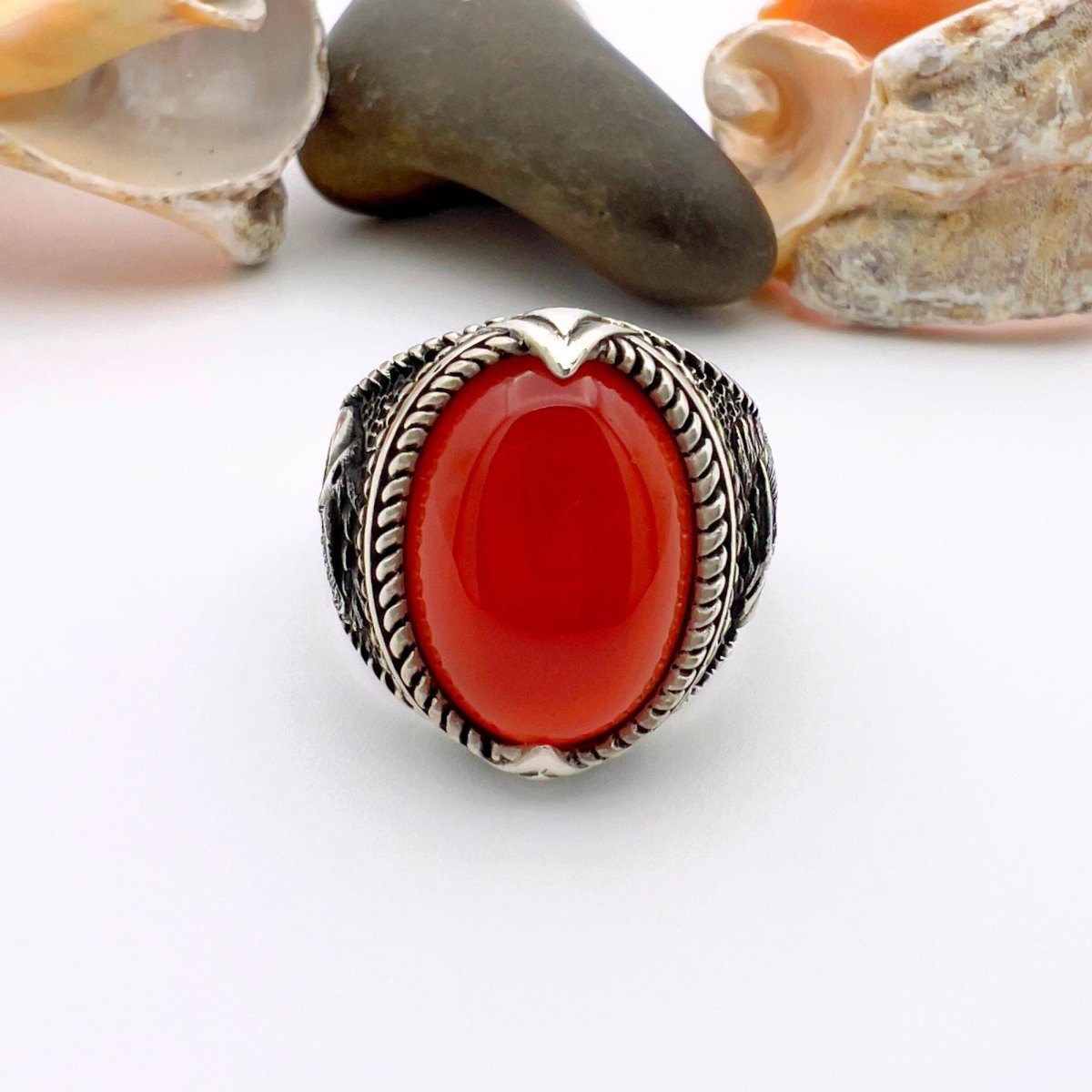 Red Oval Agate Stone Silver Men's Ring - TryAladdin