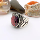 Red Oval Ruby Stone Men's Silver Ring - TryAladdin