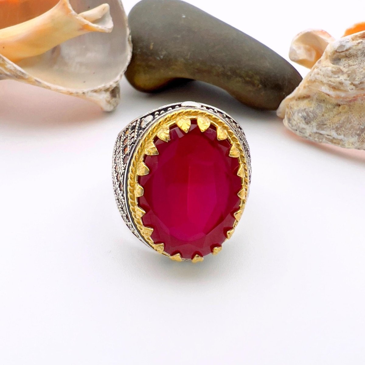 Red Oval Tourmaline Stone Men's Ring - TryAladdin