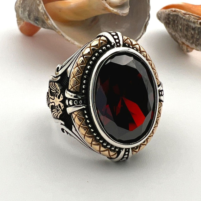 Red Ruby Stone Double Headed Eagle Ring - TryAladdin