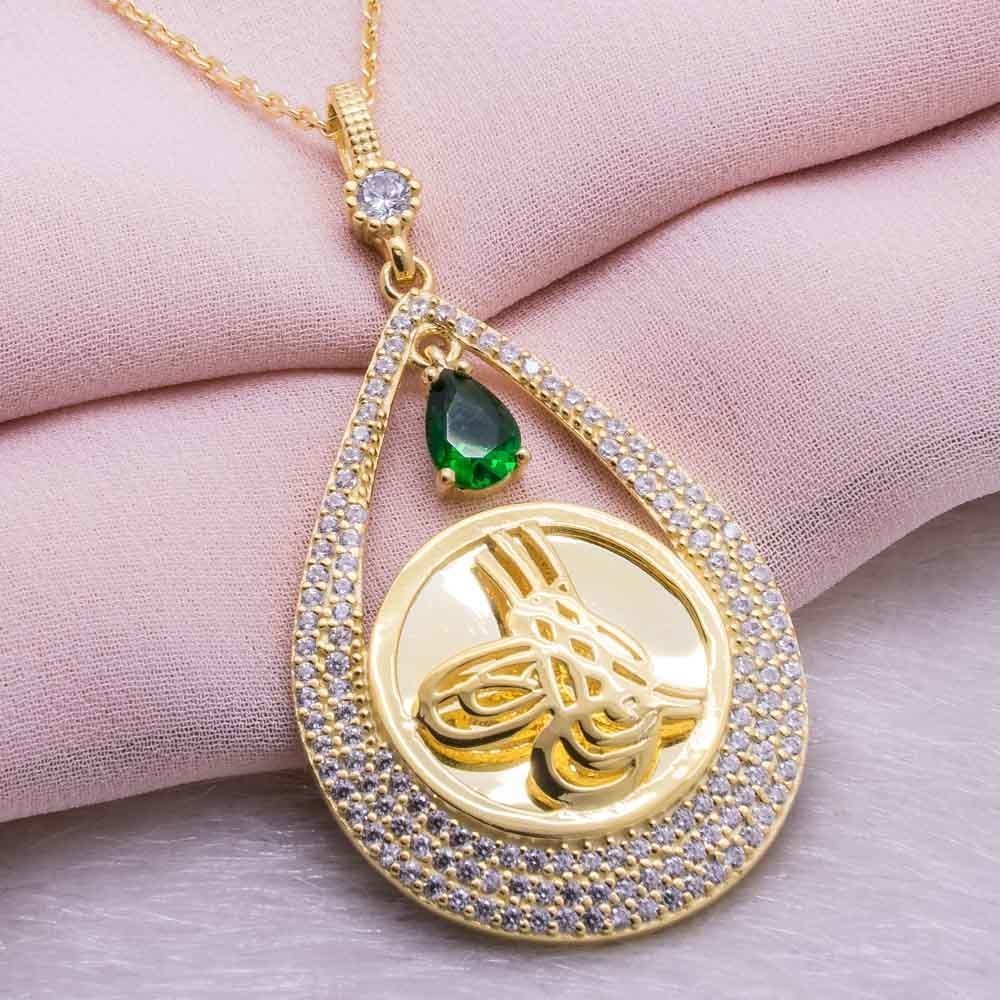 Taki | Silver Tugra Islamic Motivated Necklace Gold Plated with Stone Chain - TryAladdin