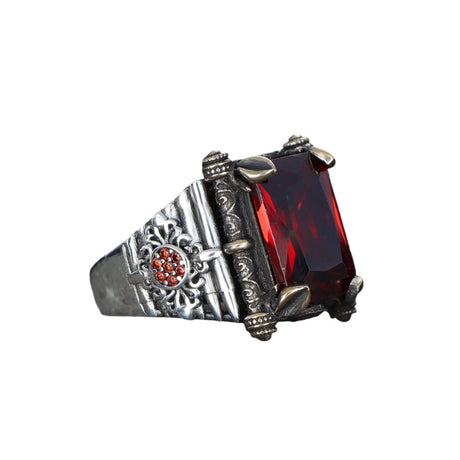 Tesbihevim | Men's Silver Ring with Red Zircon Stone - TryAladdin