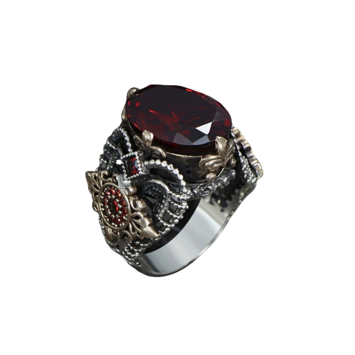 Tesbihevim | Men's Silver Ring with Red Zircon Stone - TryAladdin