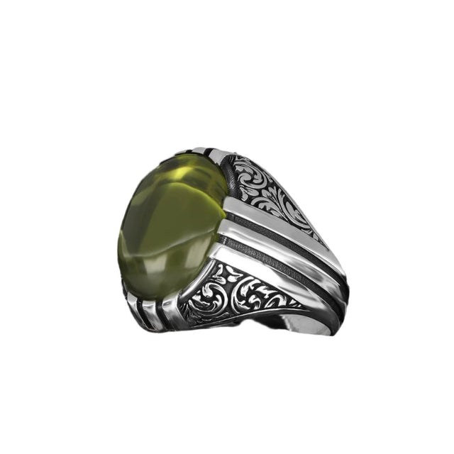 Tesbihevim | Patterned Model Peridot Stone Silver Ring for Men - TryAladdin