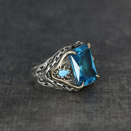 Tesbihevim | Silver Men's Ring with Chain Series Aqua Marin Stone - TryAladdin