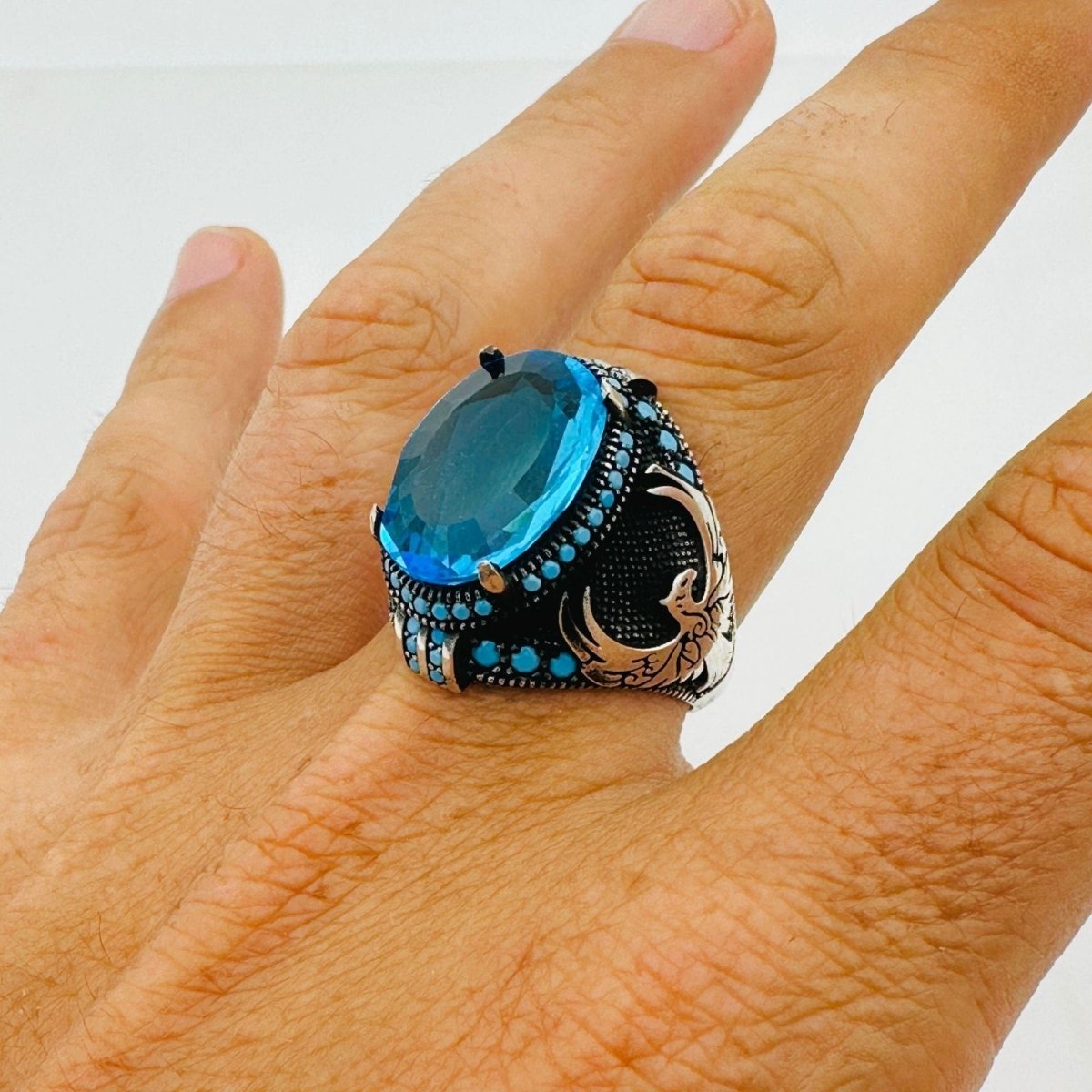 Turkish Handmade Men's Aquamarine Eagle Silver Ring - TryAladdin