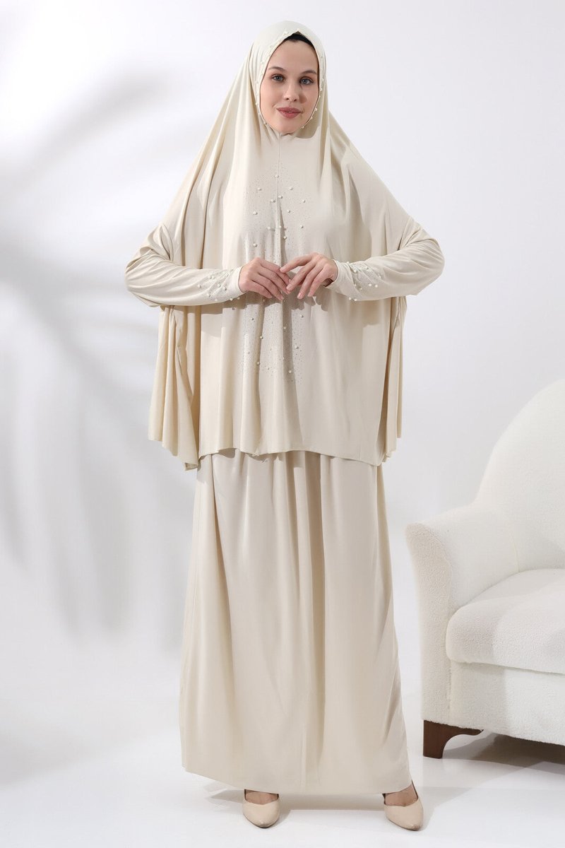 Two Piece Practical Prayer Dress with Pearls and Stones, Top and Bottom Cream - TryAladdin