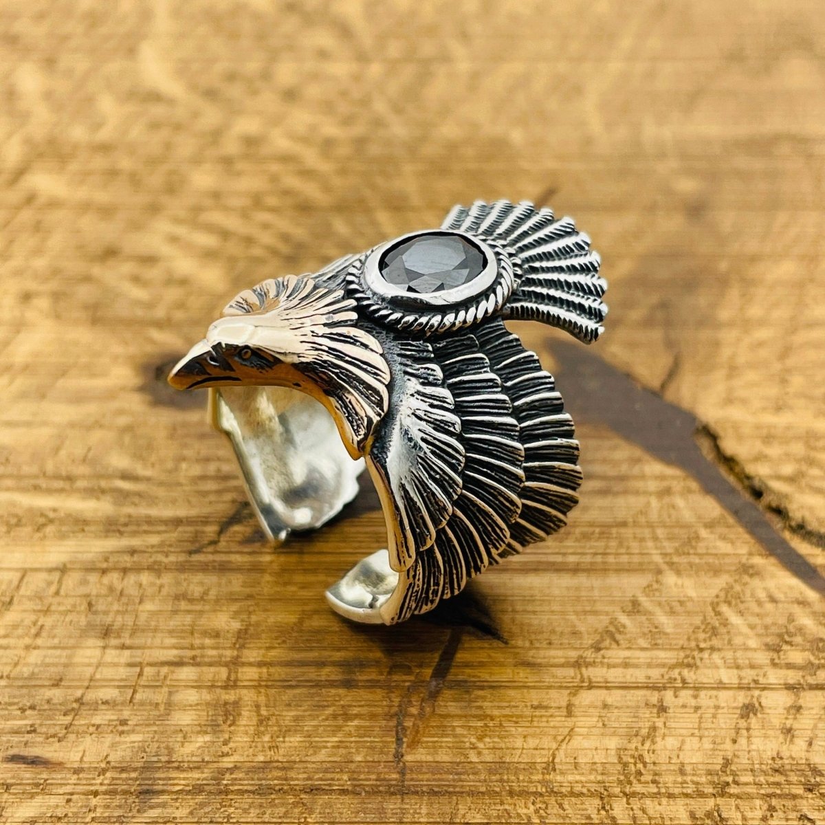 Unisex Adjustable Eagle Silver Ring with Black Onyx Stone - TryAladdin