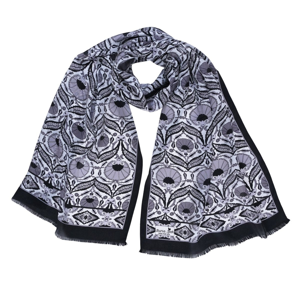 Karanfil Elegant Silk Scarf in Black & Gray - TryAladdin