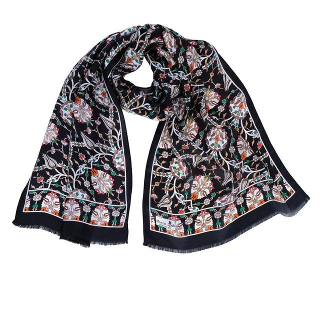 Lale Elegant Silk Scarf in Black, Brown & Orange - TryAladdin