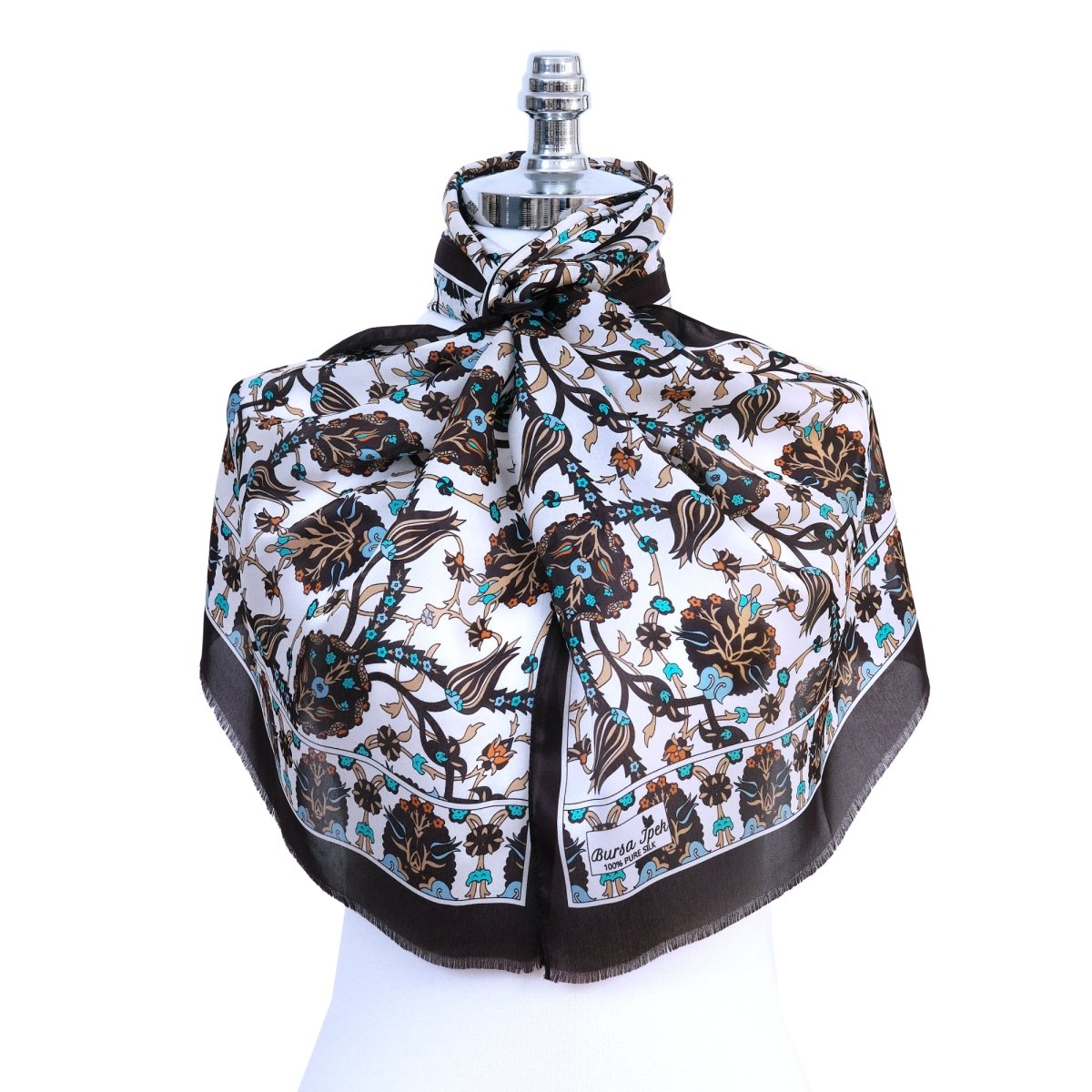 Lale Elegant Silk Scarf in Brown, Orange, Turquoise & Cream - TryAladdin