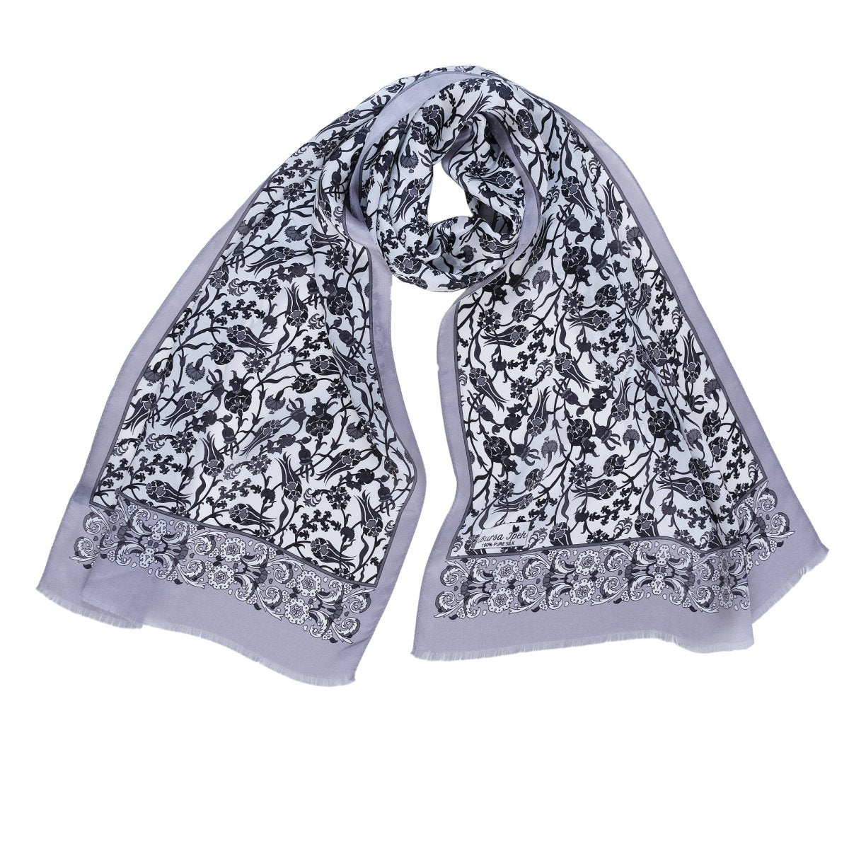 Sira Lale Elegant Silk Scarf in Silver & Gray - TryAladdin